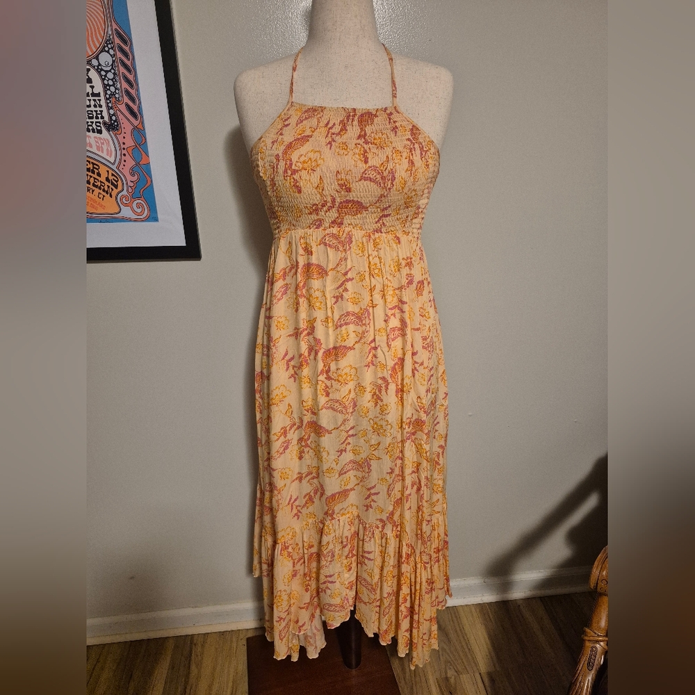 Free People Pink Peach Floral Maxi Dress S Ruched Bust Heatwave Dusky Coral
